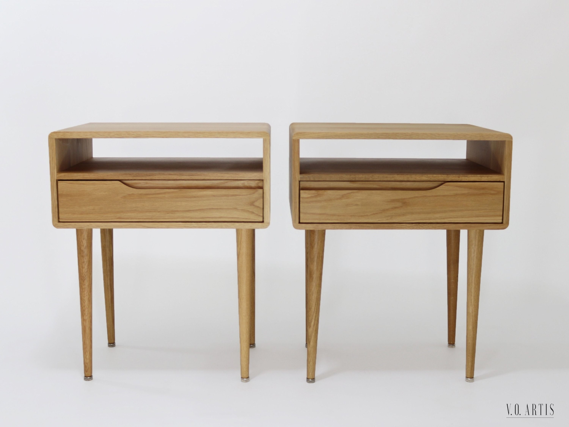 Pair Bedside table, Nightstand, Side table with shelf and lower drawer in solid Oak or Walnut.