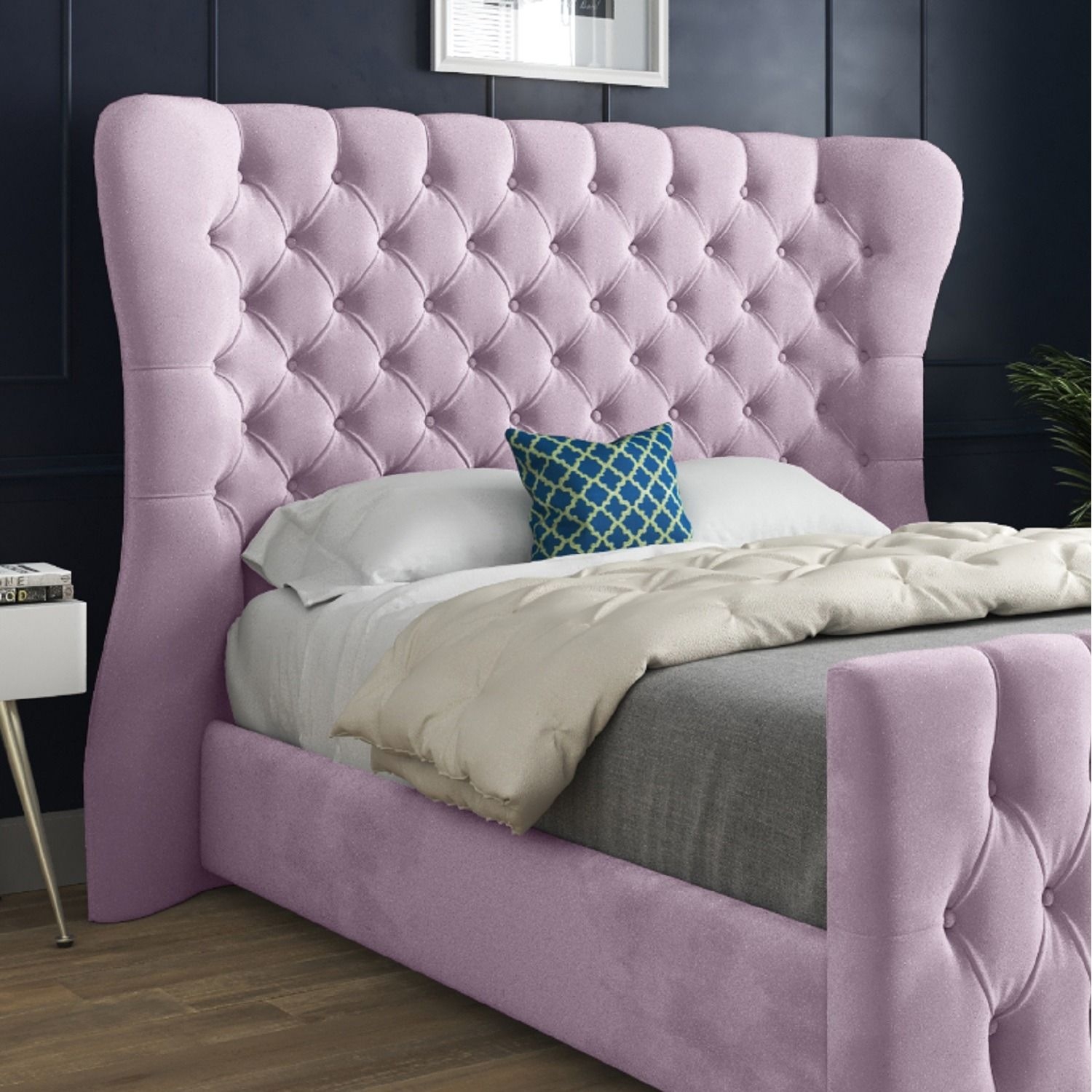 Parma Wide Curved Winged Upholstered Soft Velvet Bed Frame - Pink / Single