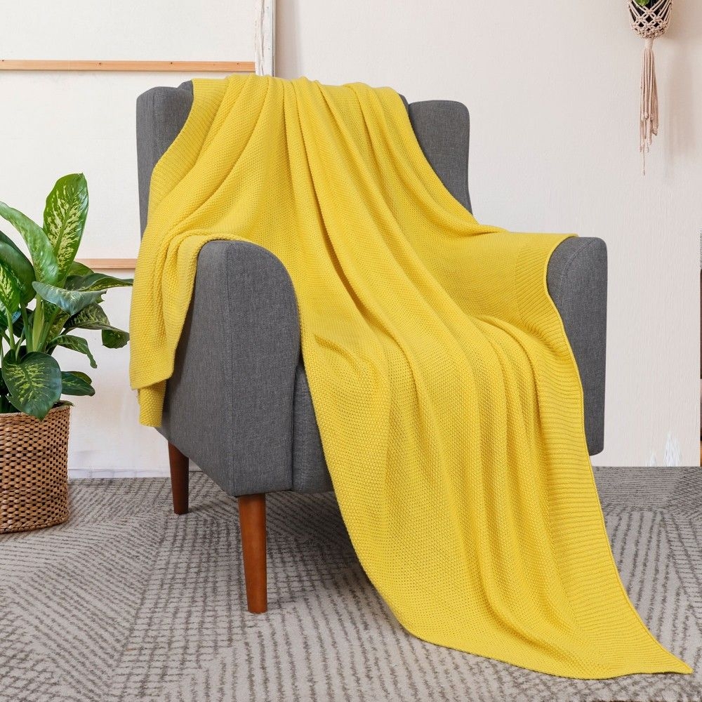 PiccoCasa 100% Cotton Knit Throw Blanket Lightweight Soft Blanket Yellow 50"x70"