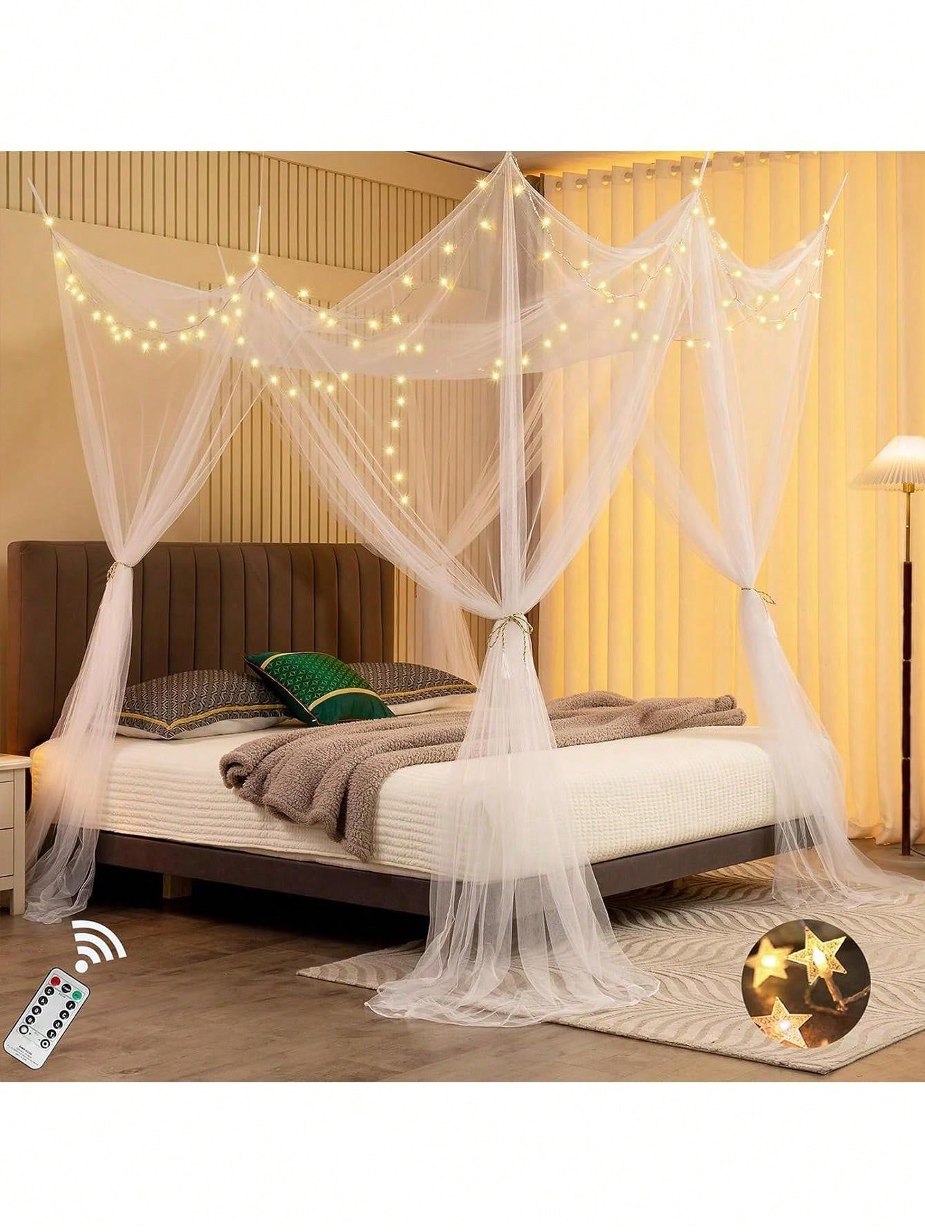 Pink/White/Black  Bed Canopy with Lights, 100 LED Star String Lights Canopy Bed Curtains for Girls Boys, Princess Canopy Bed Curtains for Gothic Room Bed Twin Full Queen King Size Christmas Bed Decoration