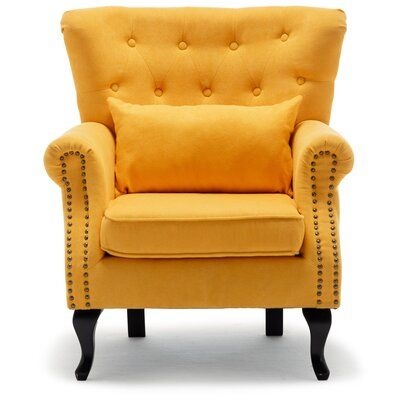 Rosdorf Park 30" Wide Tufted Wingback Chair in White/Yellow/Brown | Wayfair