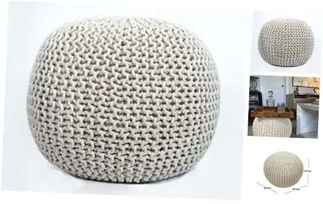 Round Pouf Ottoman Hand Knitted 100% Cotton Pouf Foot Stool - Knitted Natural