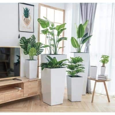 Self Watering 16 in. Plastic Square Cylinder Series Planters with Special 3-Layer Baking Paint Process, White