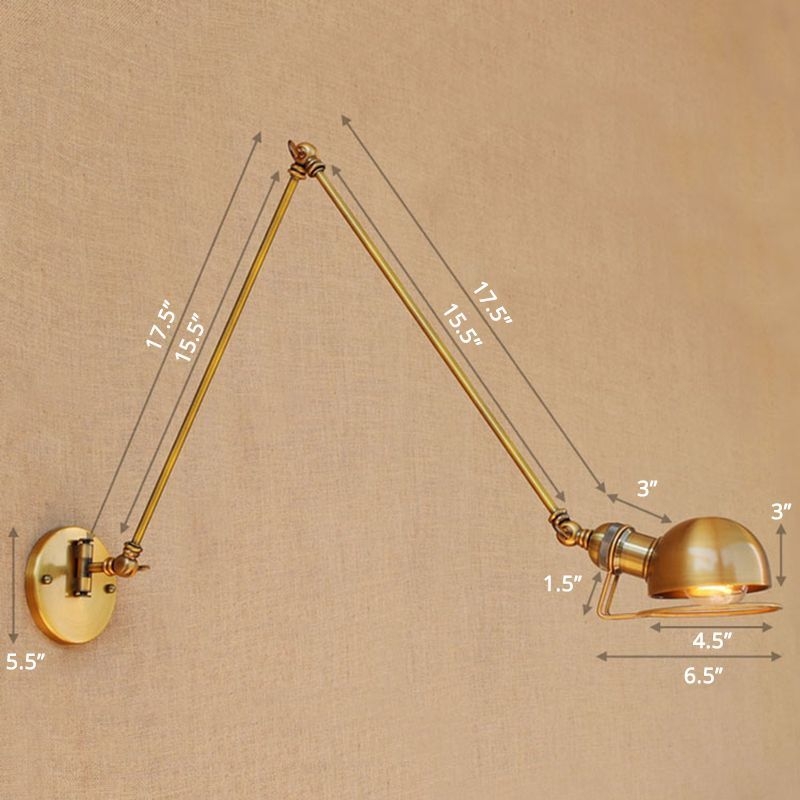 Single Dome Wall Mounted Reading Light Industrial Style Metal Wall Lamp with Swing Arm - 12+12 / Brass