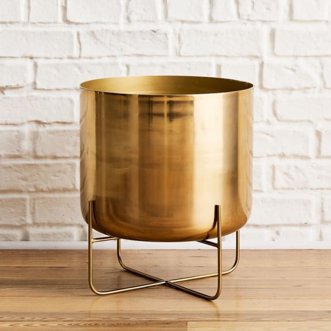 Spun Metal Standing Planter, Low , 14.1"D x 16.25"H, Antique Brass