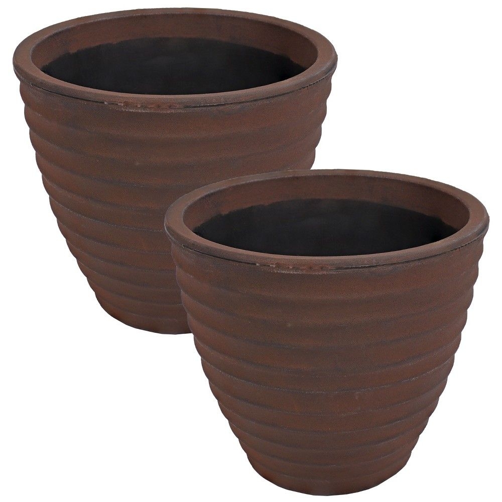 Sunnydaze Indoor/Outdoor Ribbed Polyresin Planter Pot with Double Wall Design - Rust - 13" - 2pk