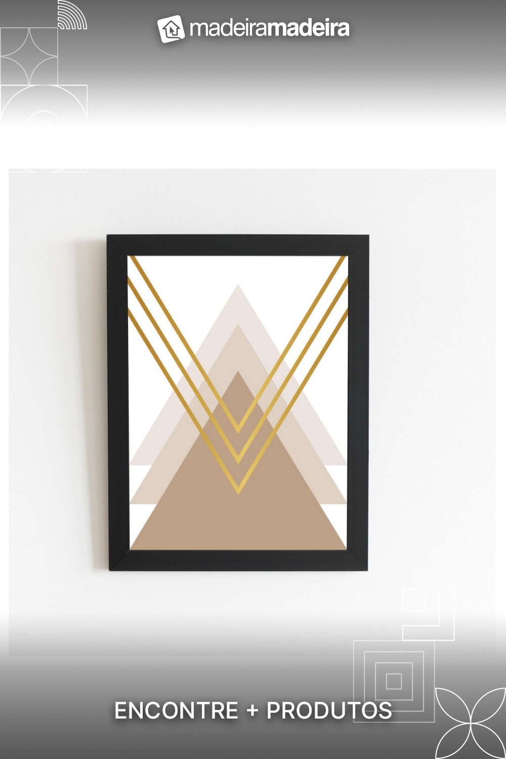 Tringulo Dourado Geomtrico Quadro Moldura Preta 60x40cm