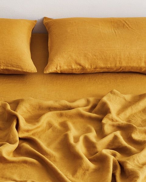 Turmeric 100% French Flax Linen Fitted Sheet - King - Bed Threads