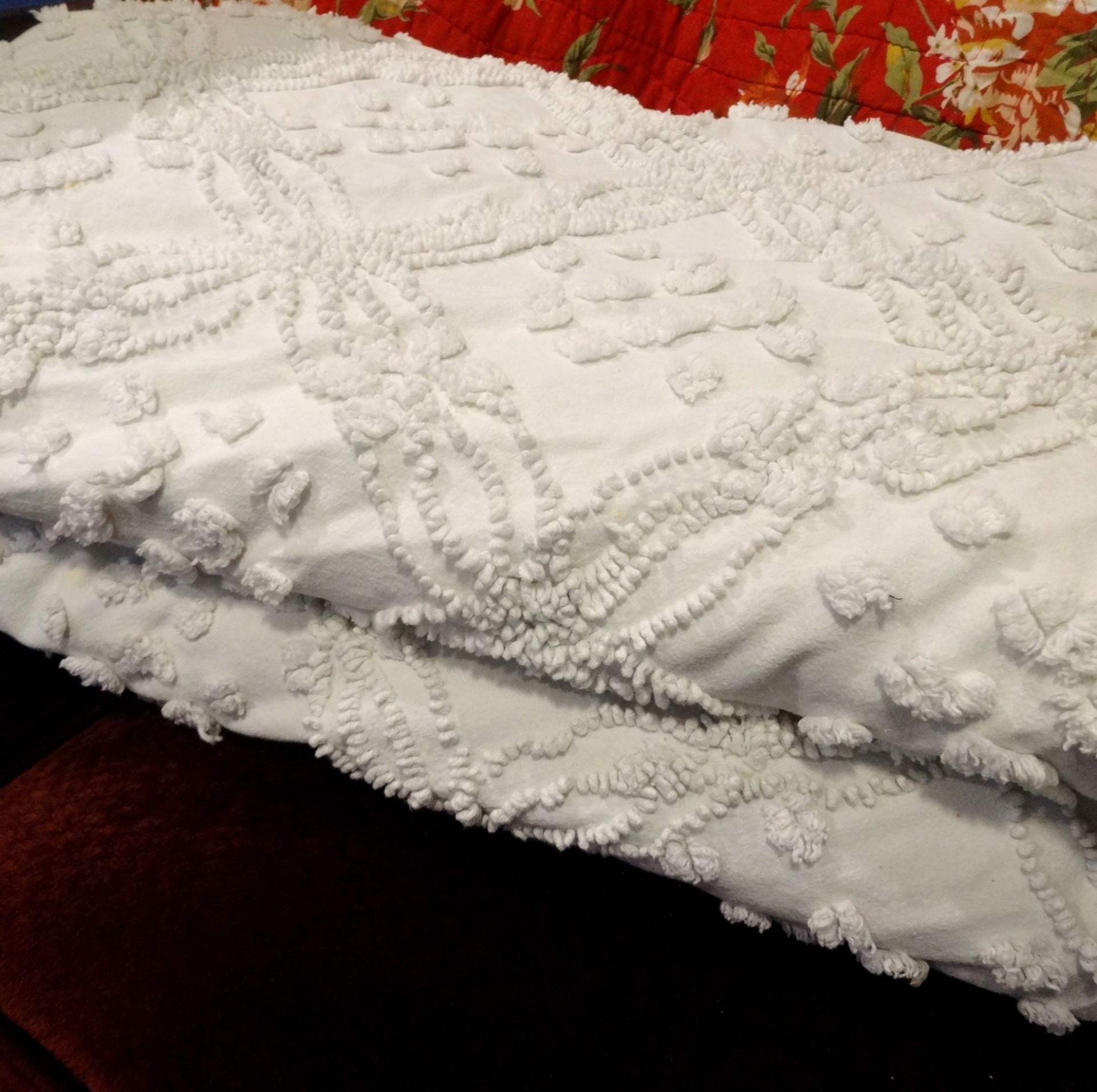 Two 1960s White Fringe Chenille Twin Bedspreads for Upcycle Supply, 96 x 60, For Pillows, Stuffed Animals, Curtains, Jackets, Doll Clothes
