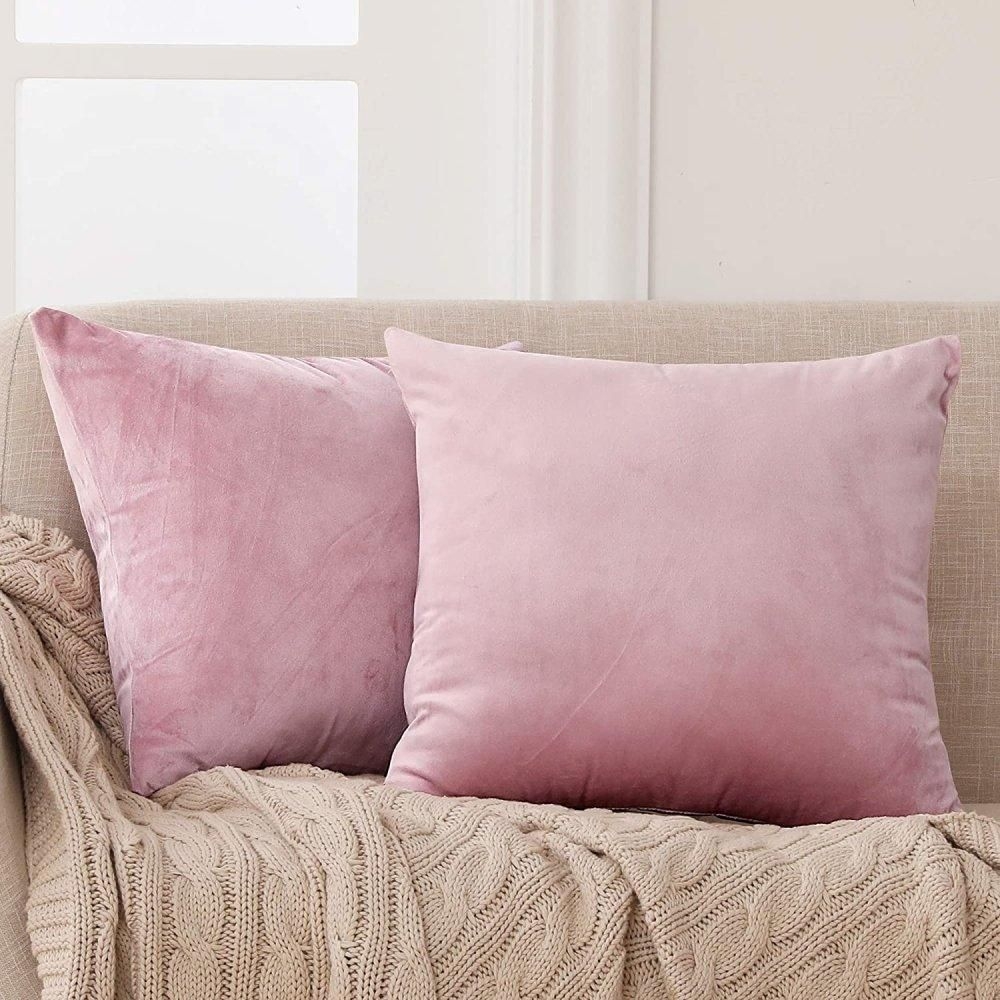 Velvet Cushion Covers - Machine Washable for Couch, Sofa | Invisible Zipper Throw Pillow Cases | Deconovo 2 Pack - Baby Pink / 22 x 22