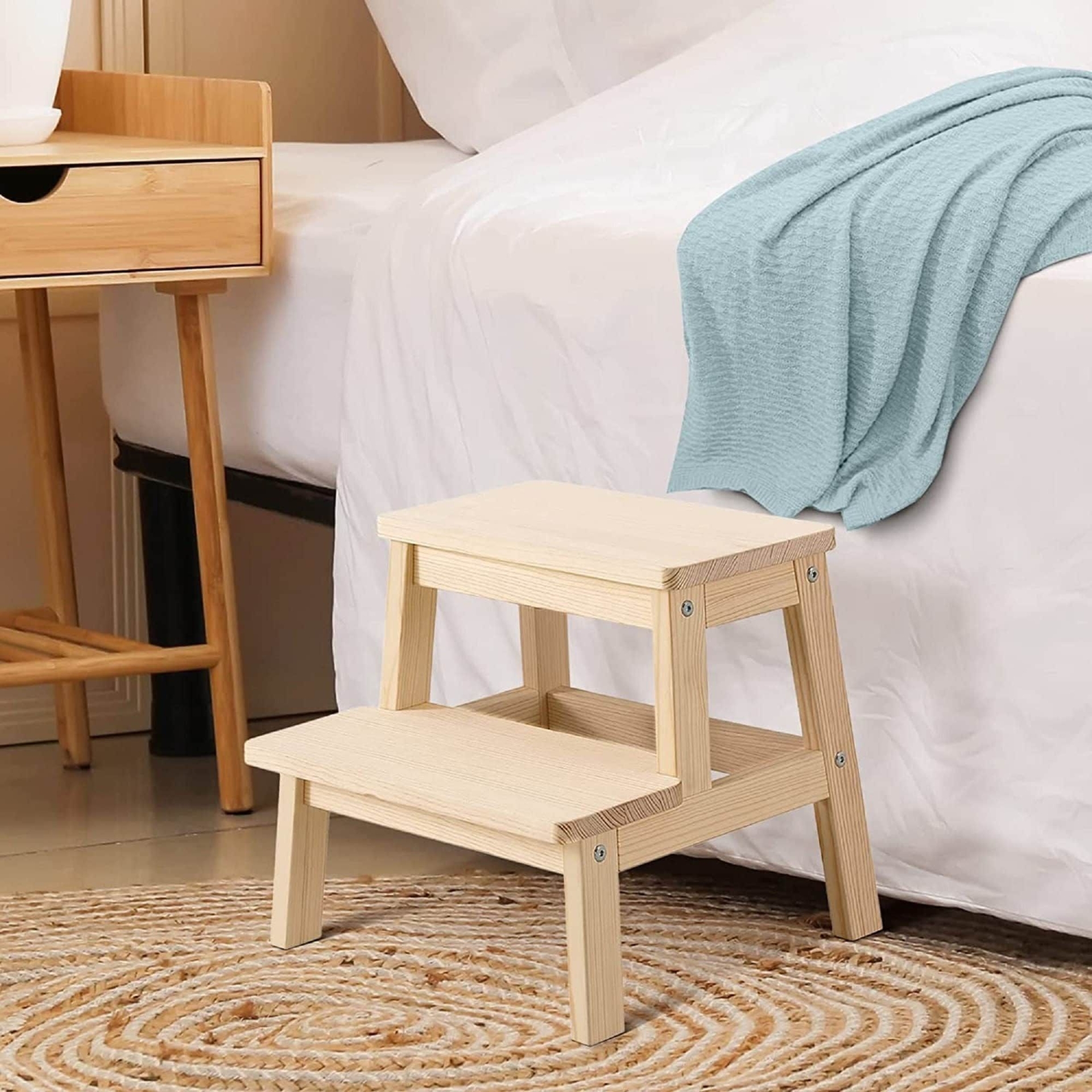 Wooden Step Stool for Adults Kids Bed Step Stool Multi-Purpose  2-Step Stool for Kitchen Bed Bathroom with 260lb Load Capacity