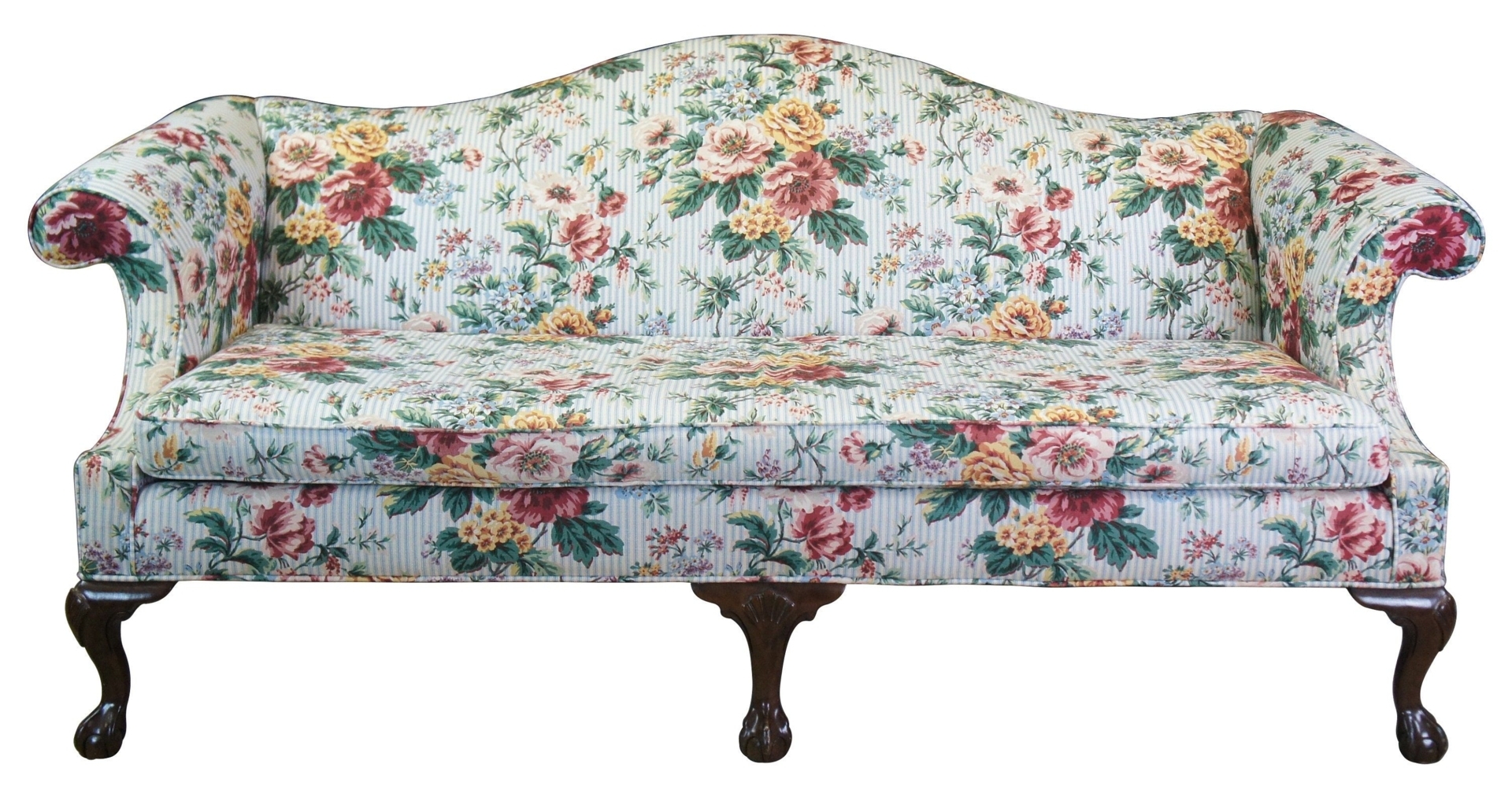 Ethan allen queen anne floral camelback sofa