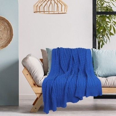 1 Pc 70"x78" 100% Natural Cotton Cable Knit Decorative Bed Blankets Blue - PiccoCasa