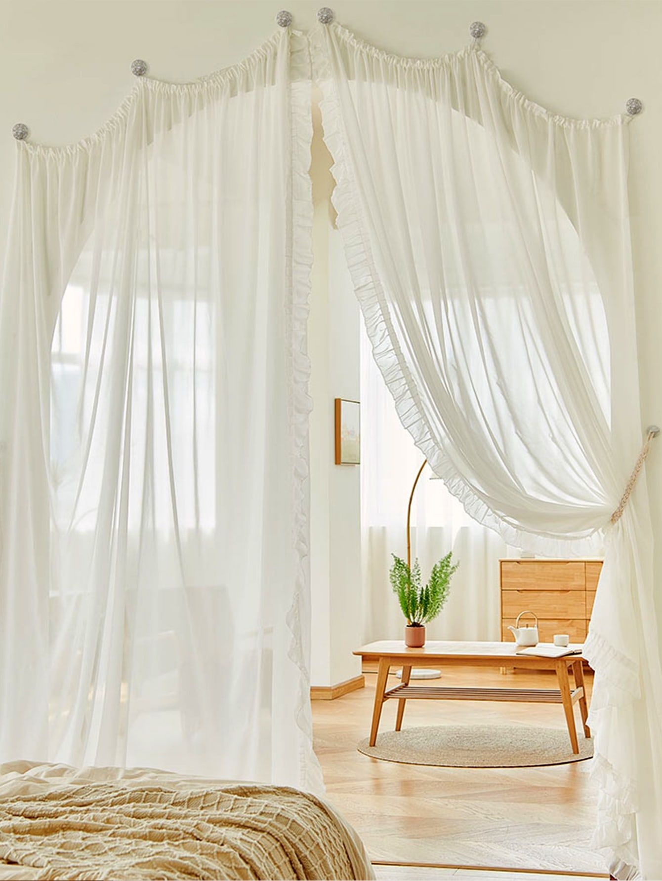 2pcs Ruffle Trim Sheer Curtain