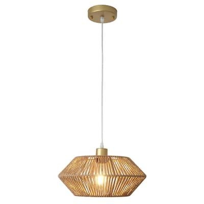 60-Watt 1-Light Spray Gold and Brown Dimmable Paper Rattan Lampshade Pendant Light, No Bulbs Included