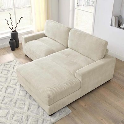 90 in. Wide Square Arm Polyester Corduroy L-Shaped Sofa Oversized Deep-Seated 2-Pieces Sectional Couches in. Beige