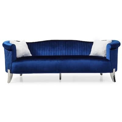 AndMakers Vine 96 in. W Round Arm Velvet Straight Sofa in Blue