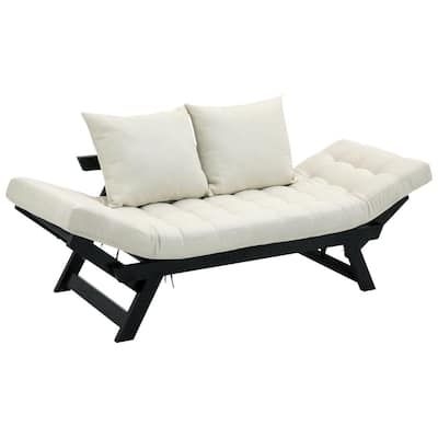 ANGELES HOME Black 1-Piece Solid Wood Outdoor Couch Sofa Bed Chaise Longue with Linen Beige Cushion and Pillow, 3 Positions