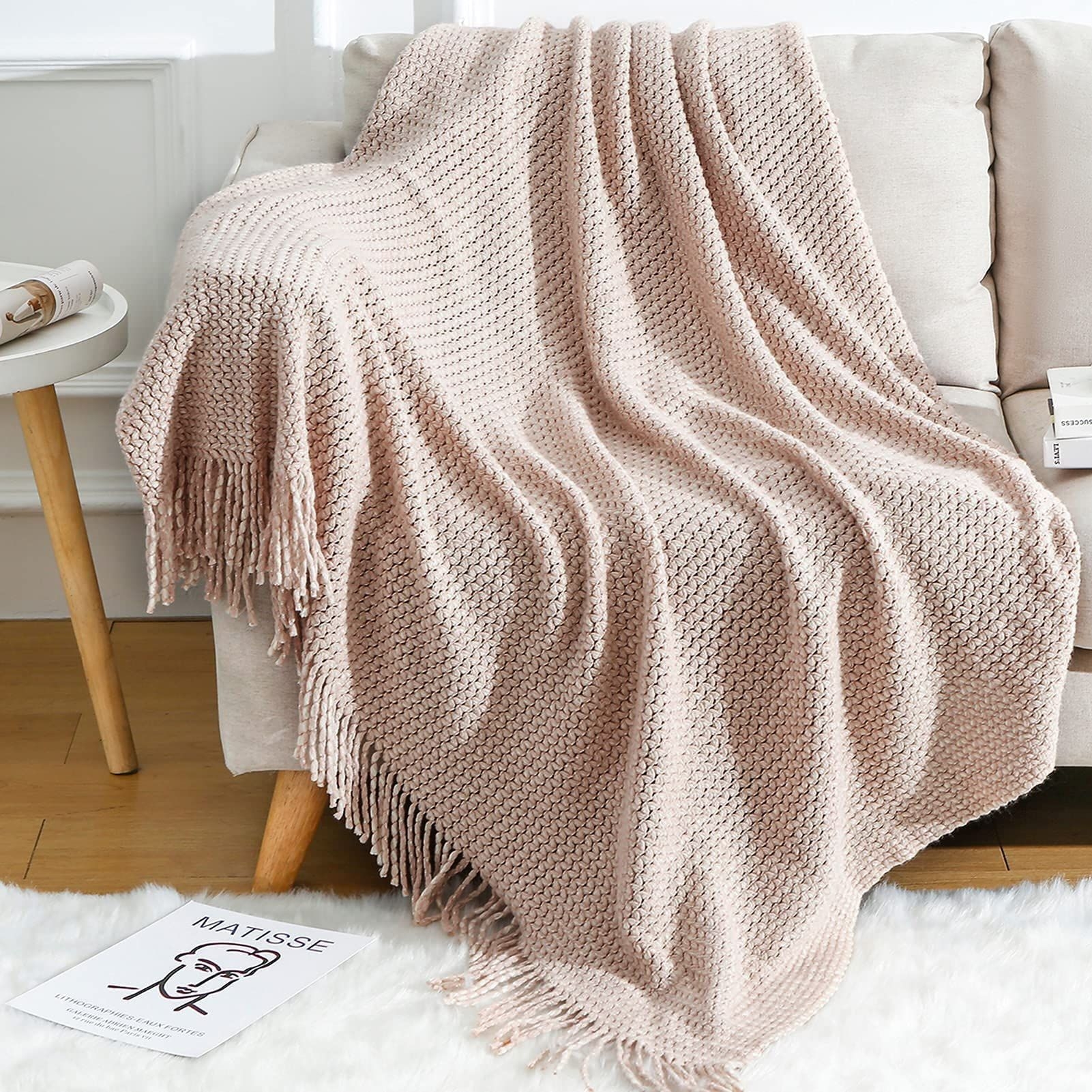 Blagic Knitted Throw Blanket for Couch,Soft Farmhouse Throw Blanket with Tassels,Home Decorative Lightweight Throw Blankets,Throws for Bed/Chair/Sofa,Wheat Textured (Light Pink & White,50" W x 60" L)