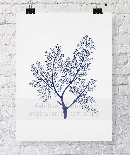 Blue Coral Print | Sea Fern in Denim - A3 Print + White Timber Frame (Overall size 435mm x 535mm)