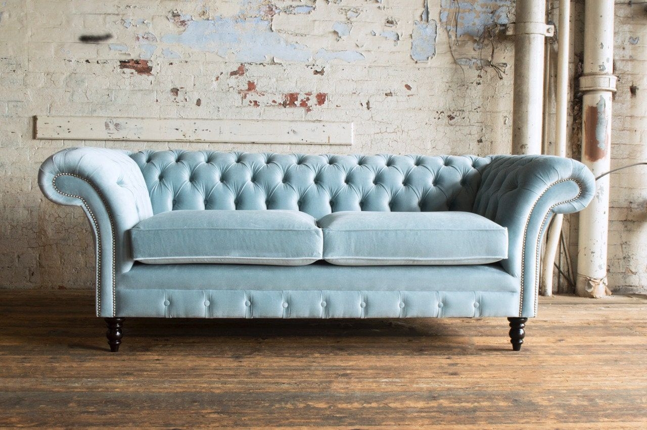 British Handmade 3 Seater Vintage Dusty Blue Velvet Chesterfield Sofa