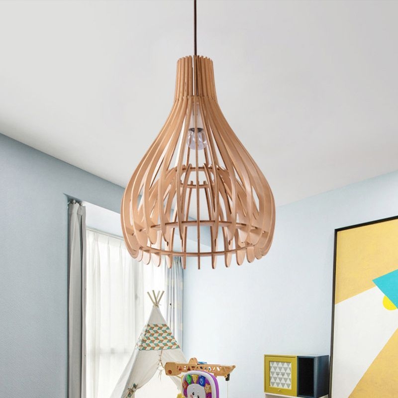 Chinese Pear-Shaped Pendant Lighting Wood 1 Head Ceiling Hanging Light in Beige - Wood