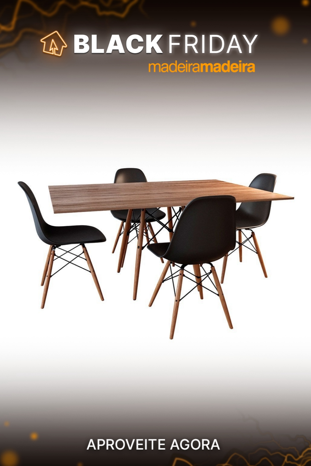 Conjunto De Mesa Eames Eiffel Retangular 120x75 Tampo De Madeira Amndoa Com 4 Cadeiras Pretas