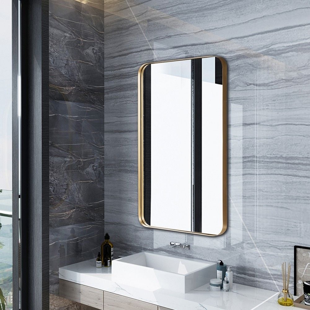 Costway 32"x20" Wall-Mounted Rectangle Mirror Metal Frame Bathroom Entryway Gold