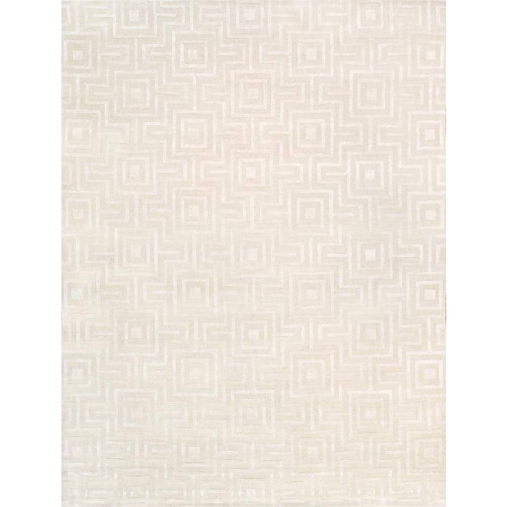 Edgy Ivory 10 ft. x 14 ft. Geometric Bamboo Silk and Wool Area Rug