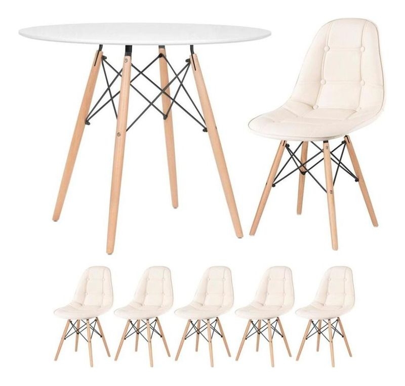 Kit Mesa Jantar Eames Wood 90 Cm E 5 Cadeiras Eames Boton Cor da tampa Mesa branco com cadeiras creme