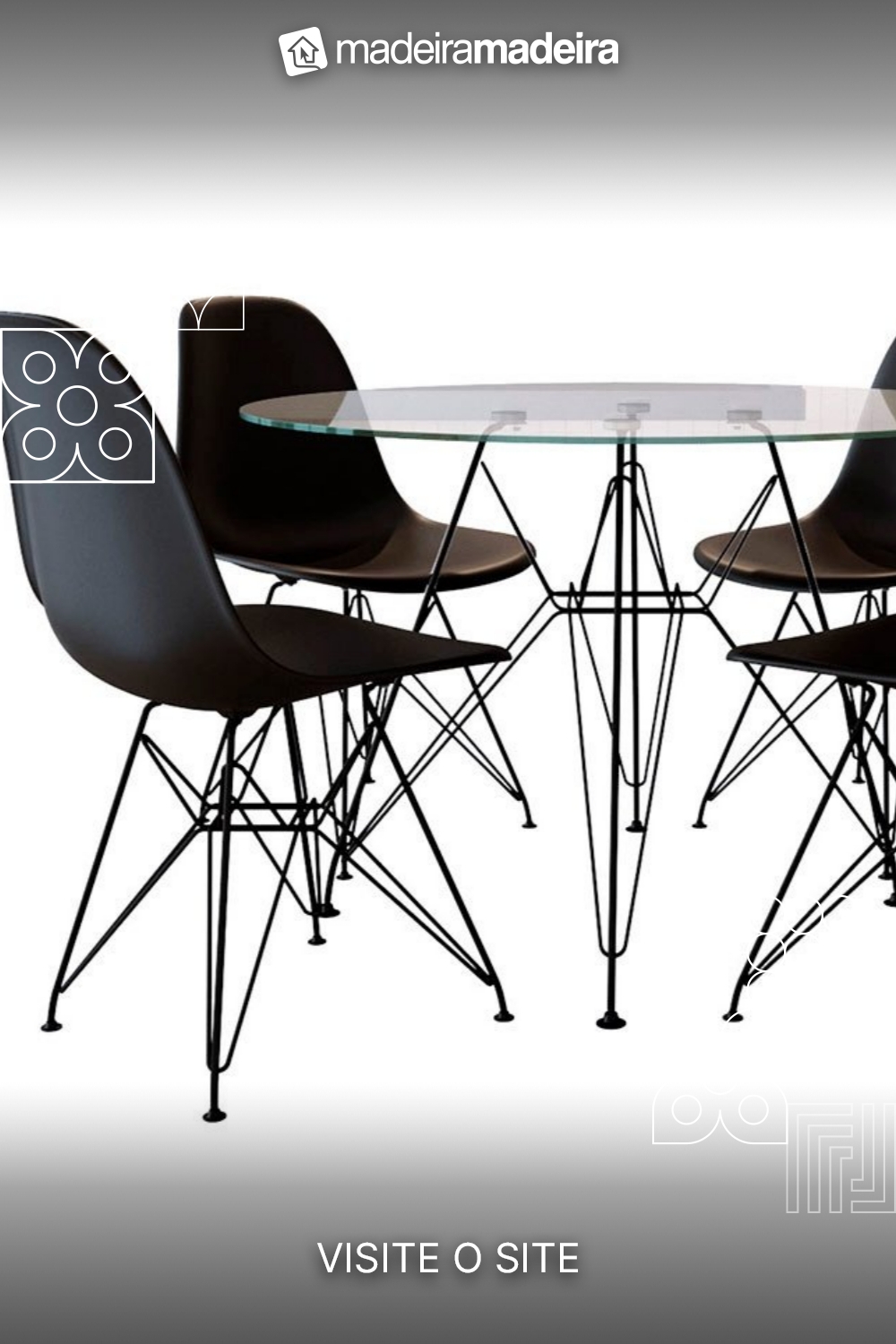 Mesa jantar eames de ferro preto tampo redondo 90cm vidro 4 cadeiras pretas