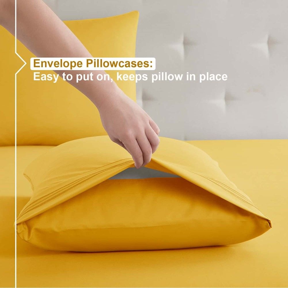 Nestl 4 Piece Microfiber Bed Sheet Set, Double Brushed Queen Size Sheets - Yellow