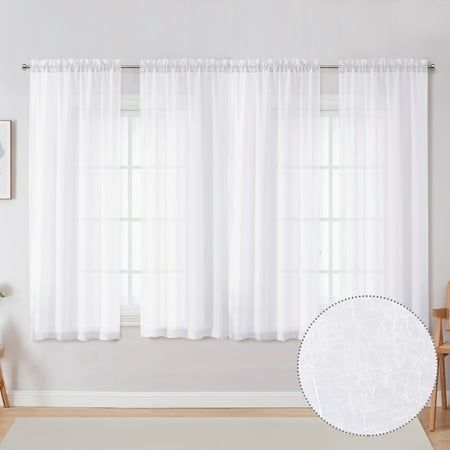 Ovzme Olivia Crushed White Sheer Curtains 63 inches Length 4 Panels Set, Rod Pocket Light Flitering Semi Sheer Window Drapes for Living Room/ Bedroom, W40inchxL63", Size:4" x 40" x 63"