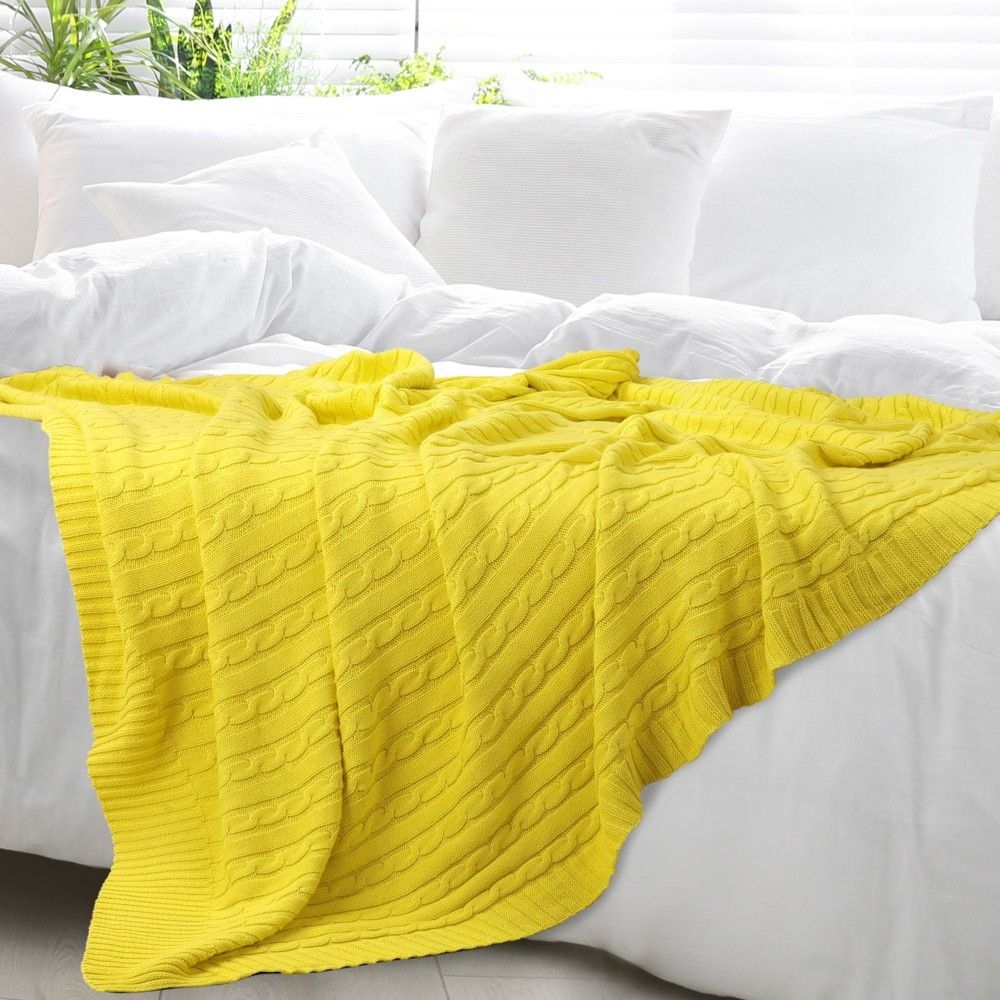 PiccoCasa Cotton Cable Soft Couch Decorative Knitted Throw Blanket 1 Pc Yellow 70"x78"