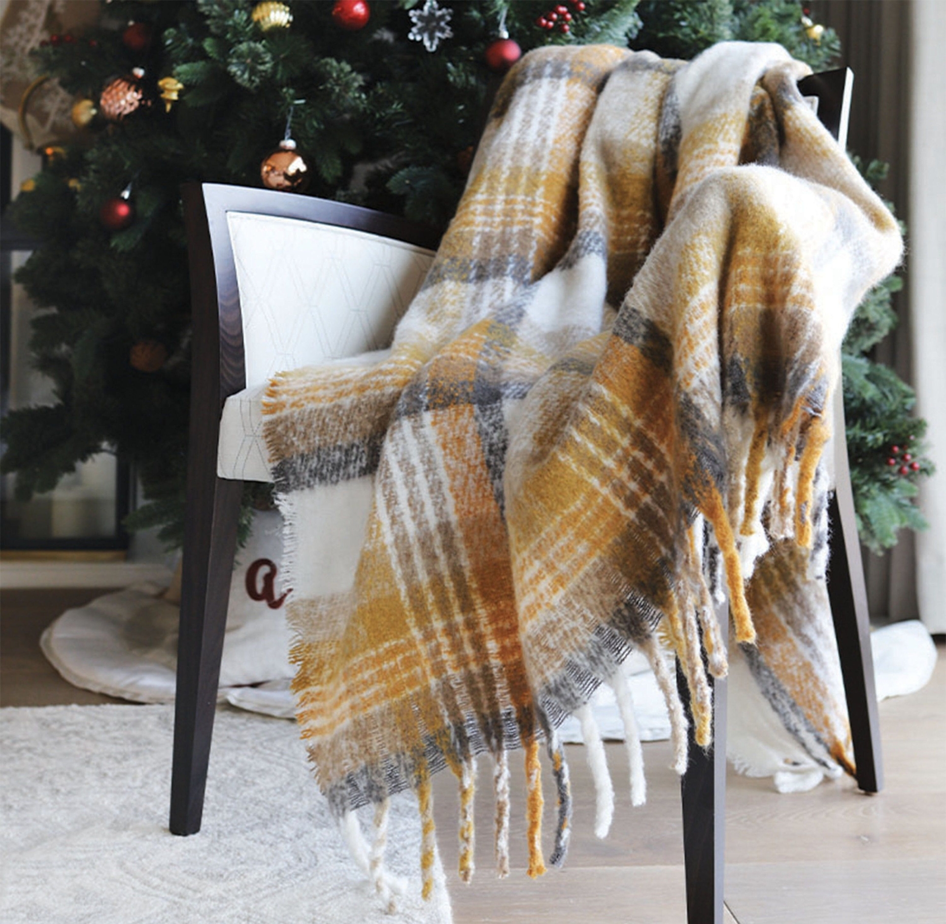"Plaid Yellow/Gray, Plaid, Luxurious Designer Throw Blanket, Cozy Plush Soft, Fleece Blanket with Tassels. Unlined 50\"x60\""