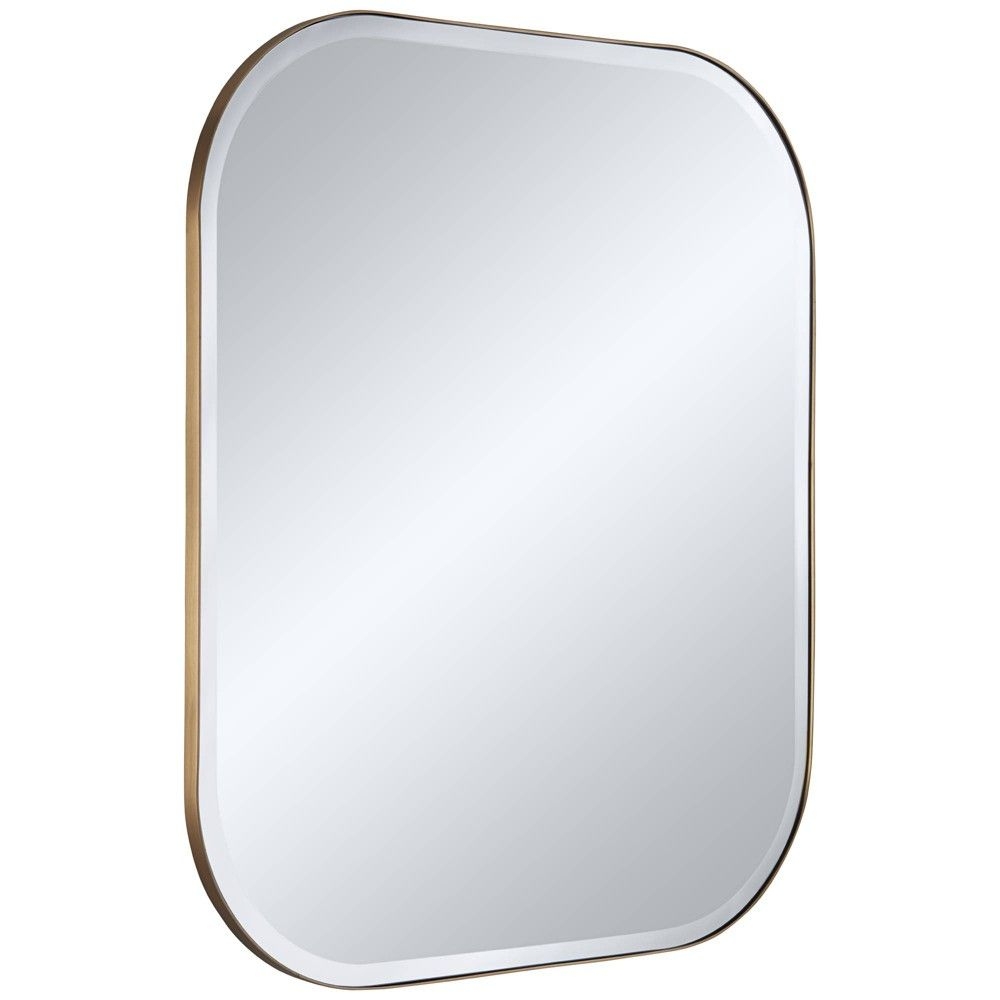 Possini Euro Design Bailey Rounded Corner Rectangular Vanity Wall Mirror Modern Beveled Brushed Gold Frame 27" Wide for Bathroom Bedroom Home Office