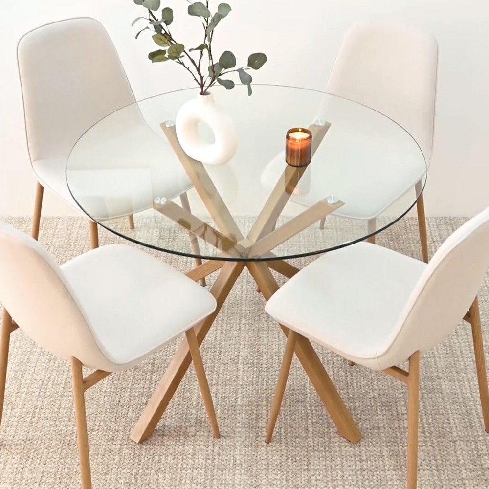 Round Glass Dining Table With Chairs,5-Piece Round Clear Glass with 4 Beige Upholstered Dining Chairs,Oak Dining Table And Chairs-Maison Boucle