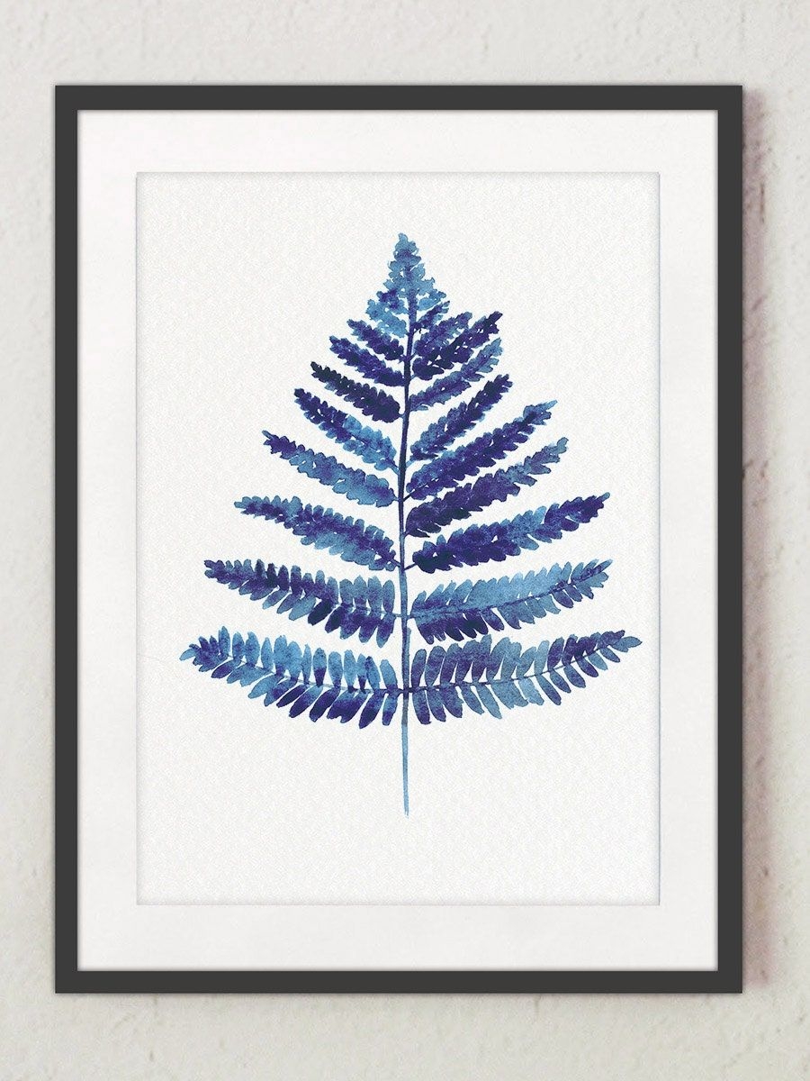 Royal Blue Fern Art Print, Leaves Wall Decor, Bedroom Art Botanical Painting, Watercolor Fern Illustration, Nature Poster Living Room Art