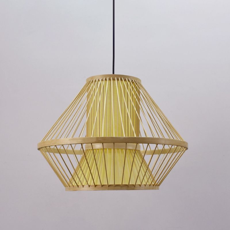 Tapered Hanging Light Chinese Bamboo 1 Head Beige Pendant Lighting Fixture for Dining Room - Beige