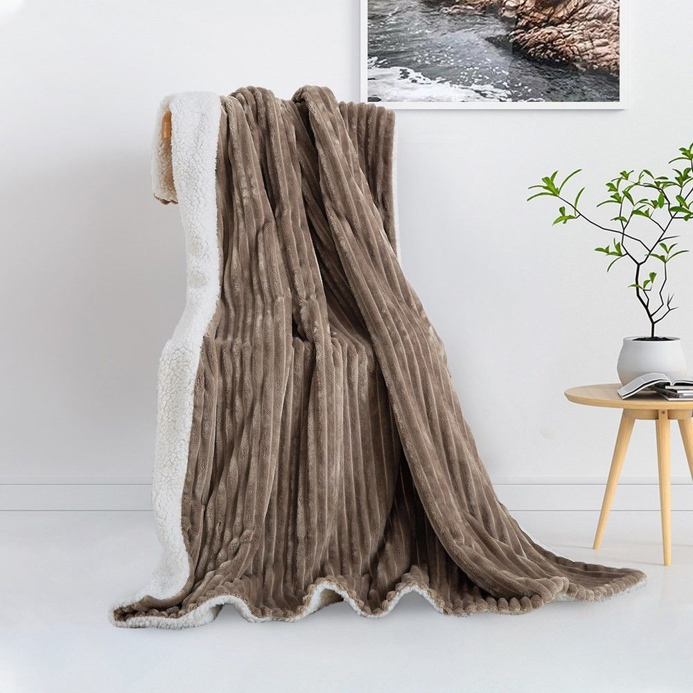 Trinity Ribbed Flannel Striped Faux Shearling Fleece Throw Blanket for Sofa Couch Bed