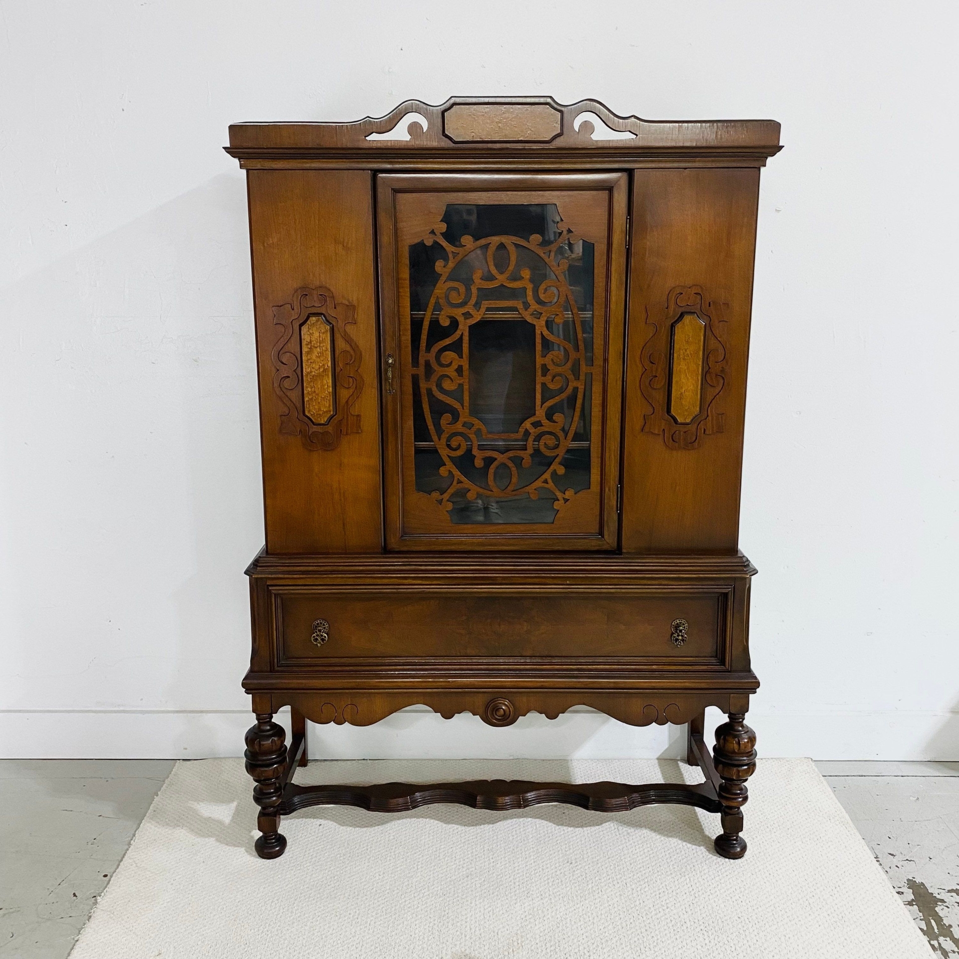 Vintage China Cabinet with Fretwork, Burl Wood & Art Deco Details - Rockford Depression Era Display Jacobean Style Furniture