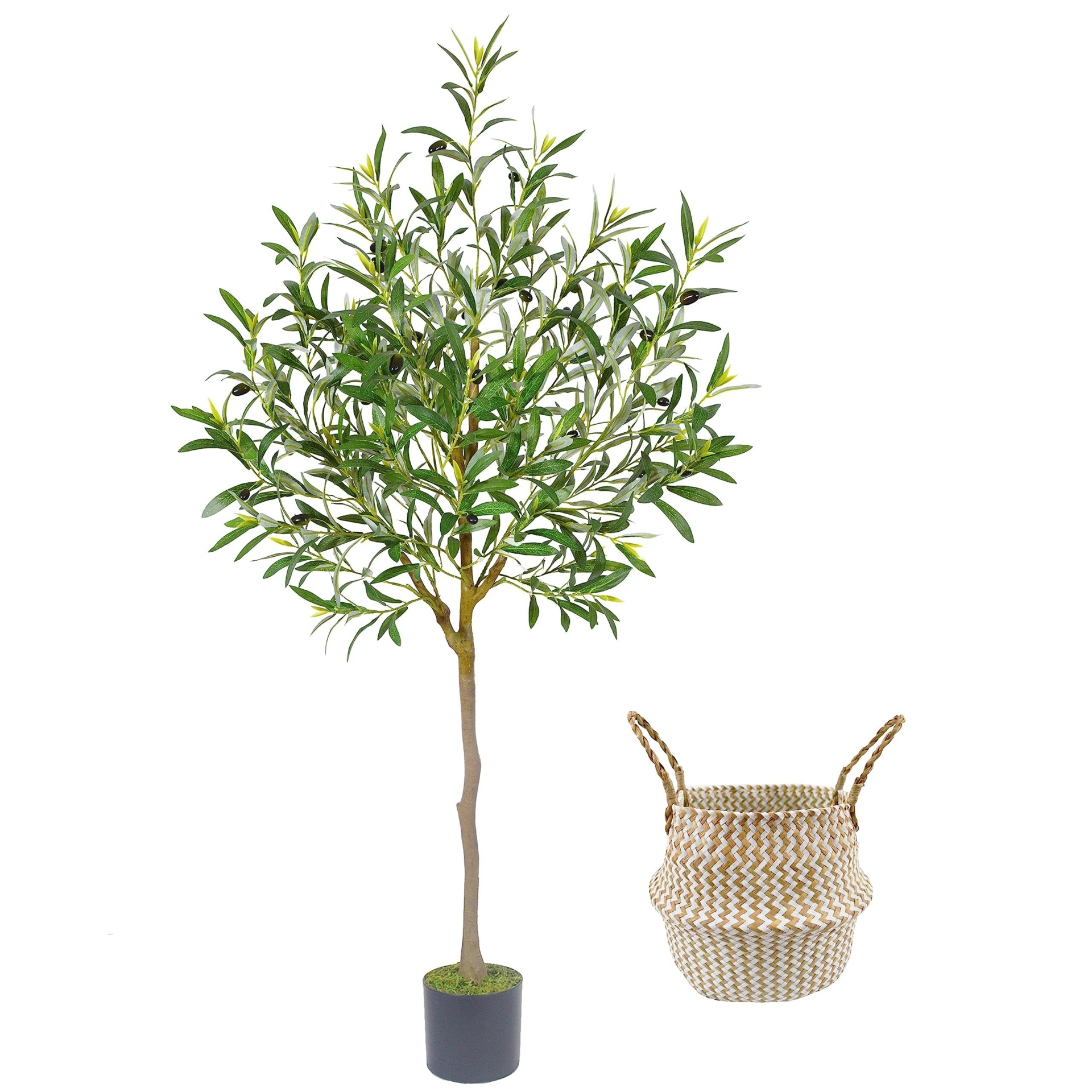 Warmplants Artificial Olive Tree, 5ft Tall Fake Olive Leaves Plant with Basket, Indoor Outdoor Faux Olive Topiary Silk Tree for Home Livingroom Office Dcor