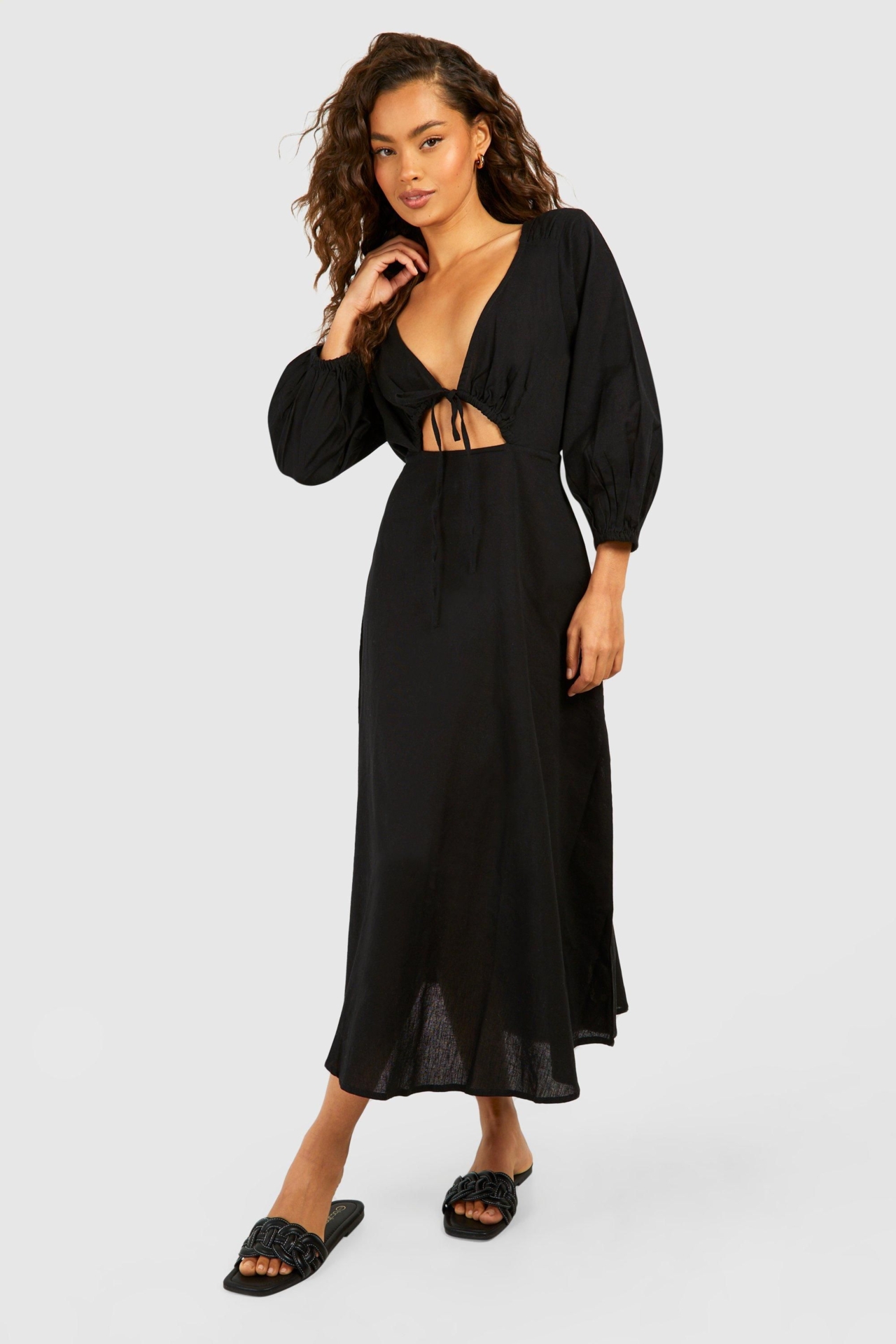 Womens Linen Tie Front Puff Sleeve Midaxi Dress - Black - 10