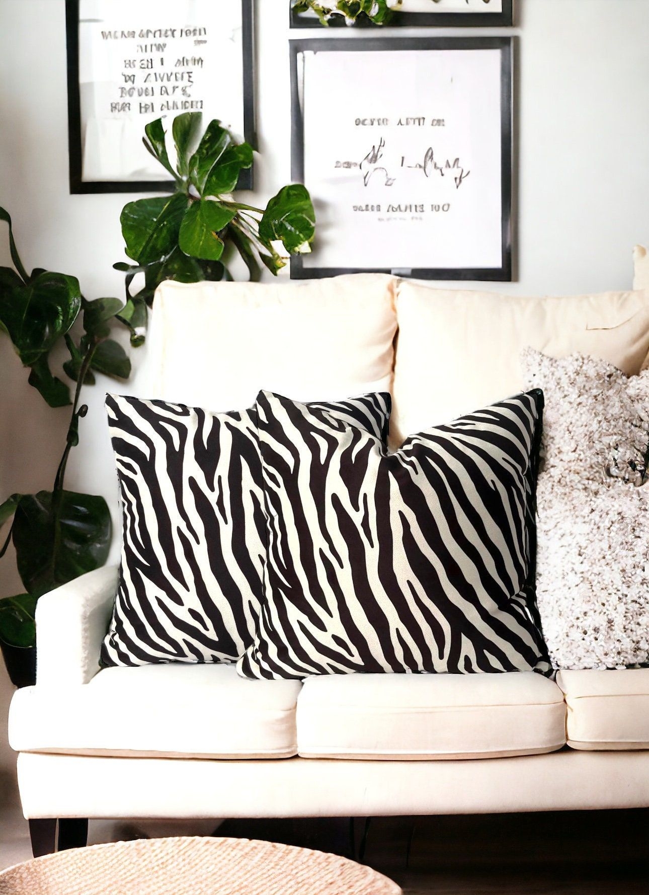 Zebra Print Velvet Pillow Cover, White and Black Throw Pillows for Couches, Lumbar Pillow for Sofa, Luxury Pattern Cushion Case, 20x20 18x18