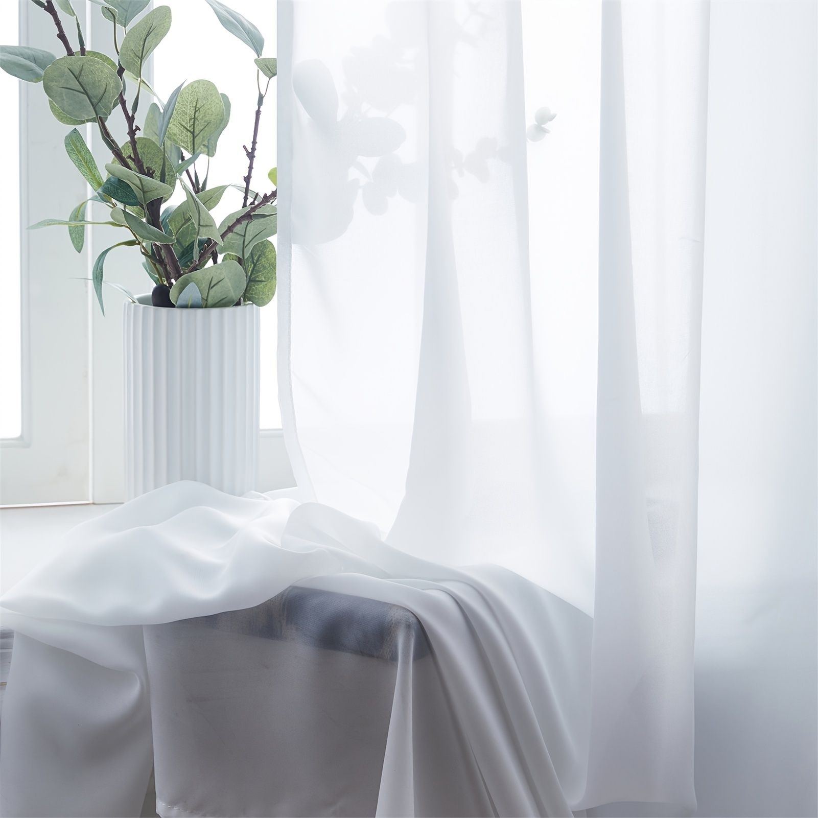1pc White Chiffon Sheer Curtains With Grommet, Voile Window Curtains For Living Room And Bedroom