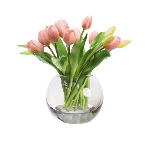29cm Pink Faux Tulip Arrangement with Glass Vase  - Temple & Webster