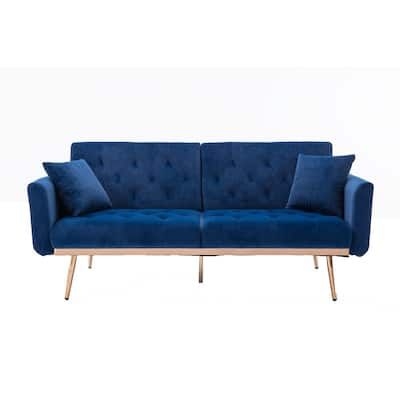 63.77 in. Square Arms Tufted Velvet Upholstered Convertible Straight Chesterfield Sofa 2-Seater in Navy Blue