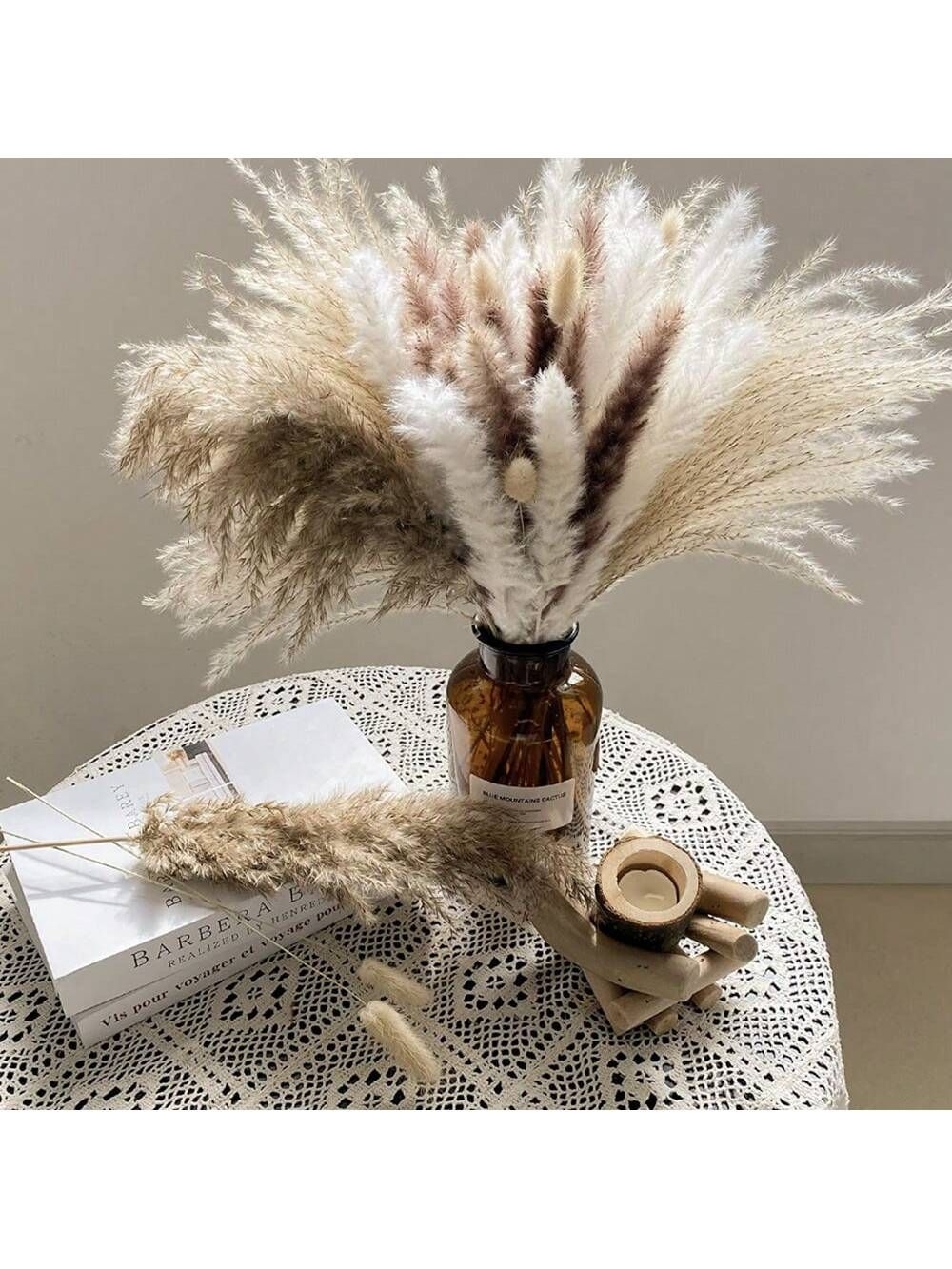 75pcs Natural Pampas Grass (25pcs Raw Color Reed, 15pcs White Reed, 15pcs Raw Color Rabbit Tail Grass, 15pcs Small Feather Duster, 2pcs Reed, 3pcs Elf Grass) For Farmhouse Wedding, Home & Offfice Decor, Kitchen, Bohemian