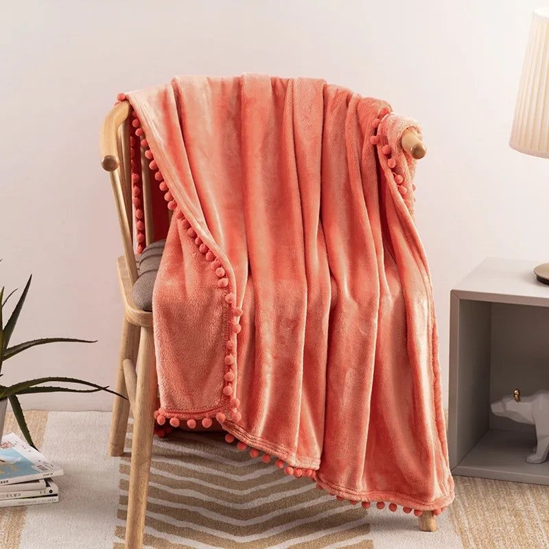 Afralia Pompom Fringe Flannel Blanket - Cozy Lightweight Throw Blanket for Couch, Bed, All Seasons - Coral Red / 150x200cm