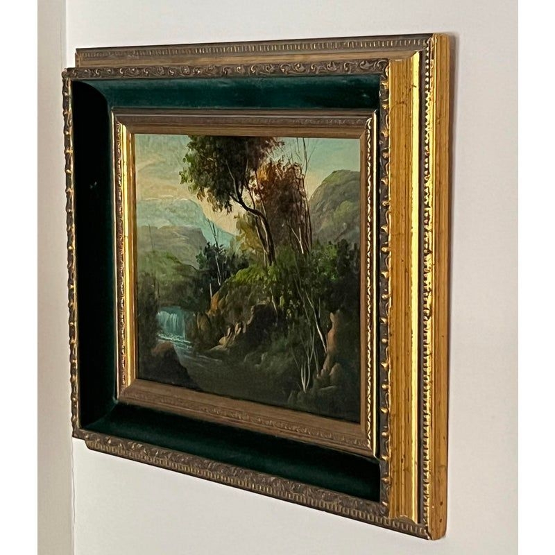 Antique 1889 Impressionist Original Oil on Canvas Painting Landscape With Cascade Framed and Signed